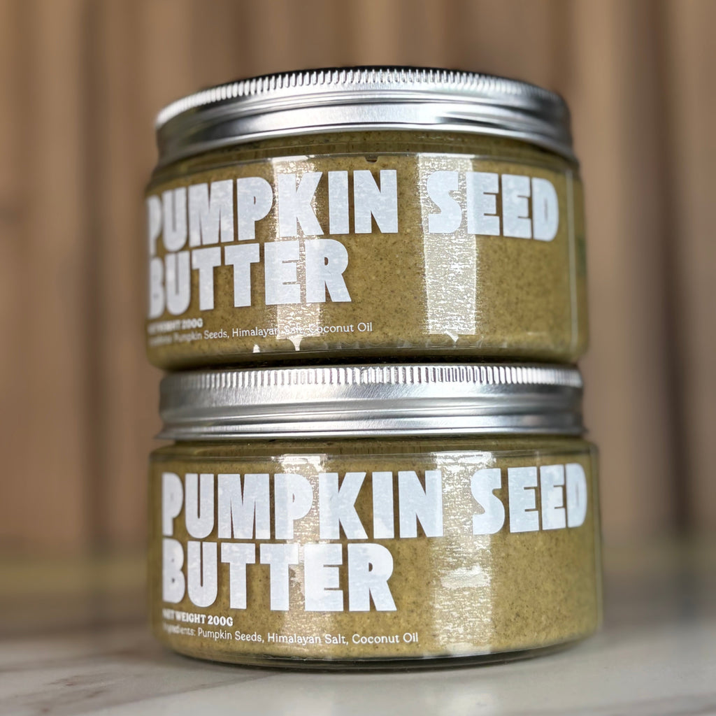 Two jars of pumpkin seed butter by NuttNut, a healthy seed butter in Indonesia. Selai biji labu same day delivery Jakarta, Surabaya, Cirebon